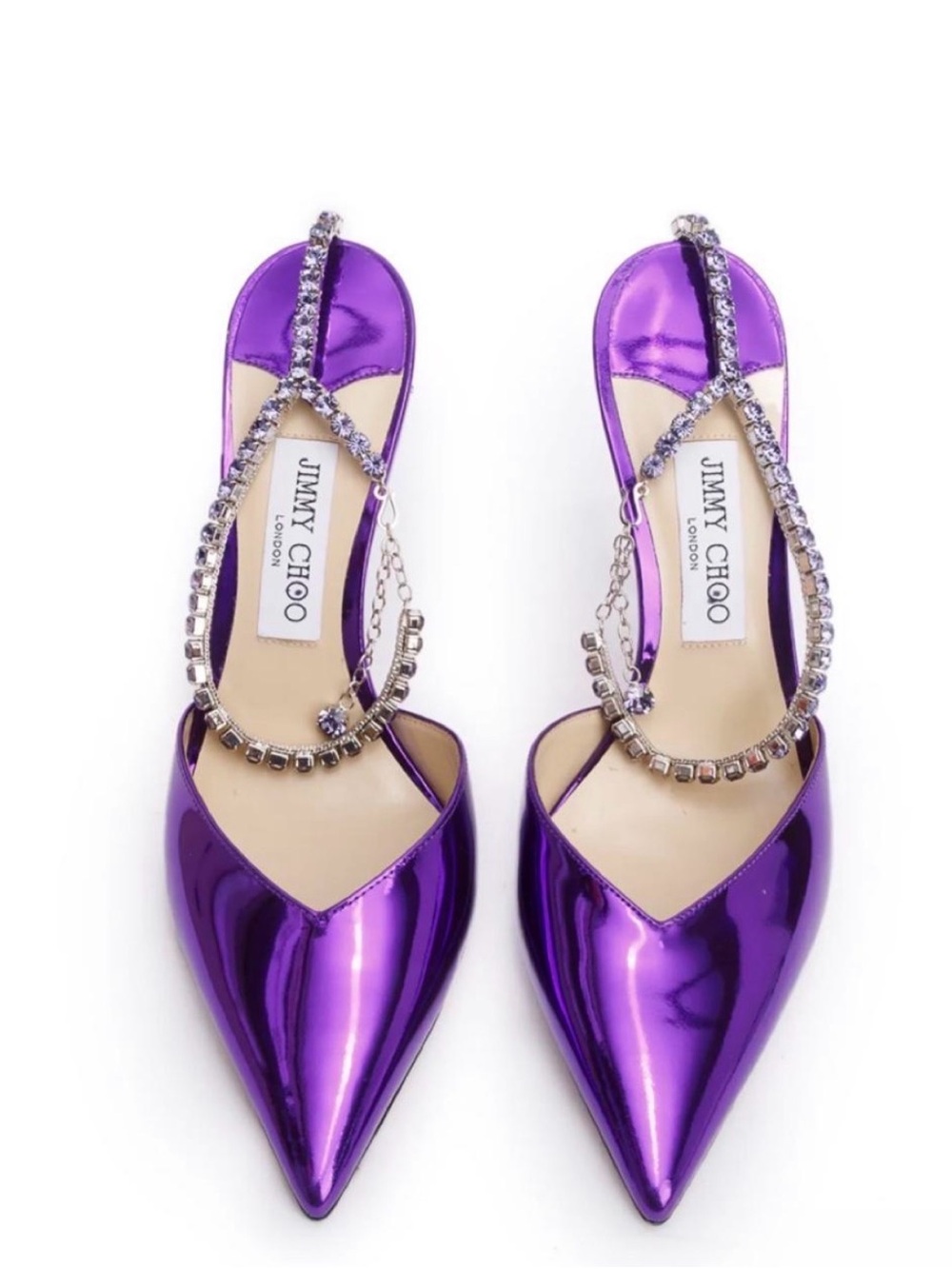 Jimmy Choo Metallic Purple Pointed-Toe Stiletto Heels with Crystal Ankle Chain - Picture 2 of 7
